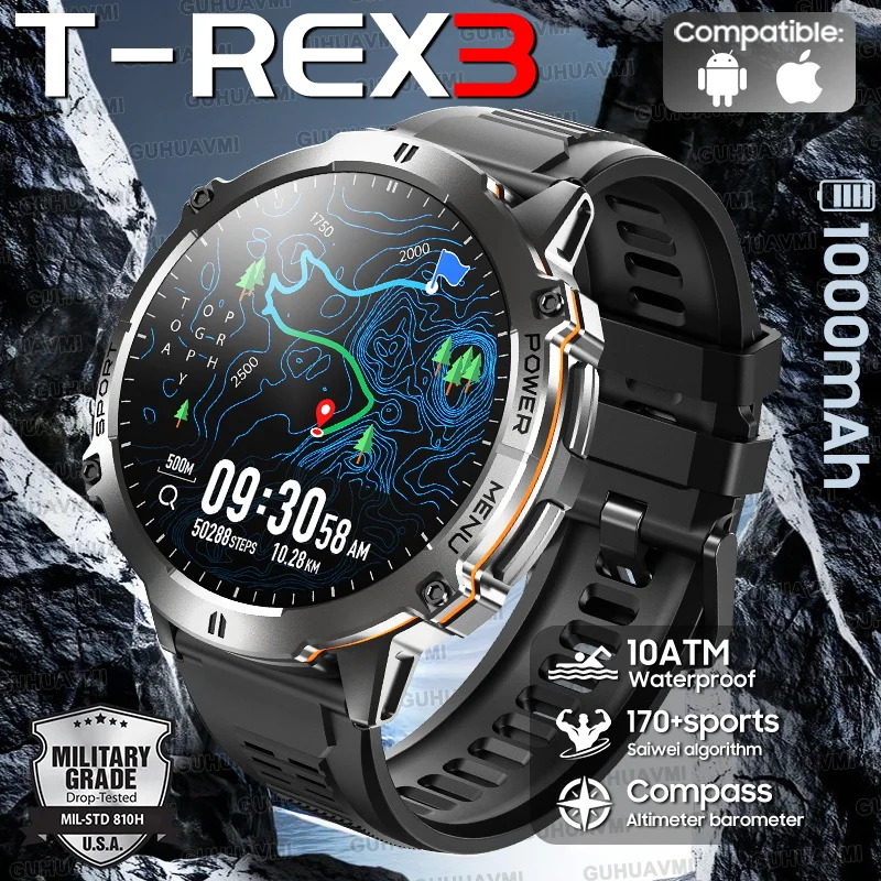 

2025 Новые военные смарт-часы с аккумулятором 1000 мАч HD AMOLED-экран GPS трек 10 АТМ Водонепроницаемый компас BT Call Спортивные умные часы для мужчин