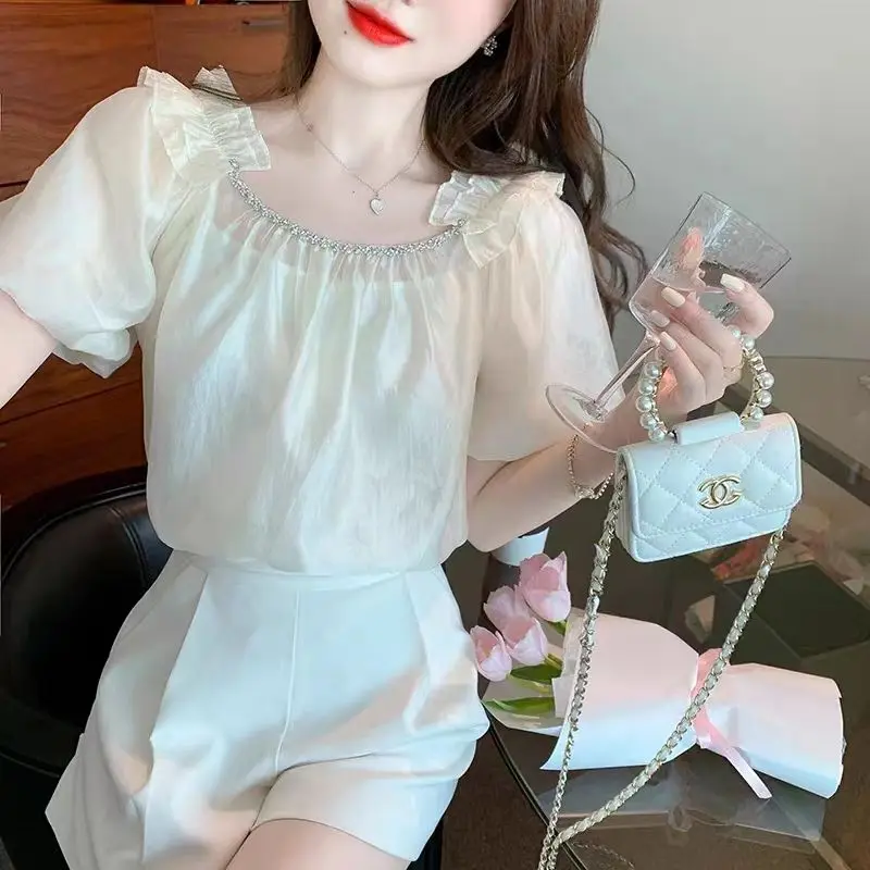 French Style Sweet Fashion New Summer Women\'s O-Neck Solid Diamonds Temperament Versatile Loose Short Sleeve Chiffon Shirt Tops