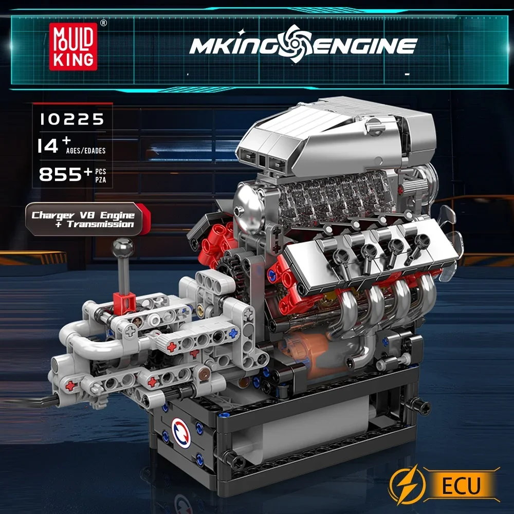Mould King 10225 Technical Car Engine Toys Model The Motorized V8 Engine+Transmission Building Block Brick Adult Christmas Gift