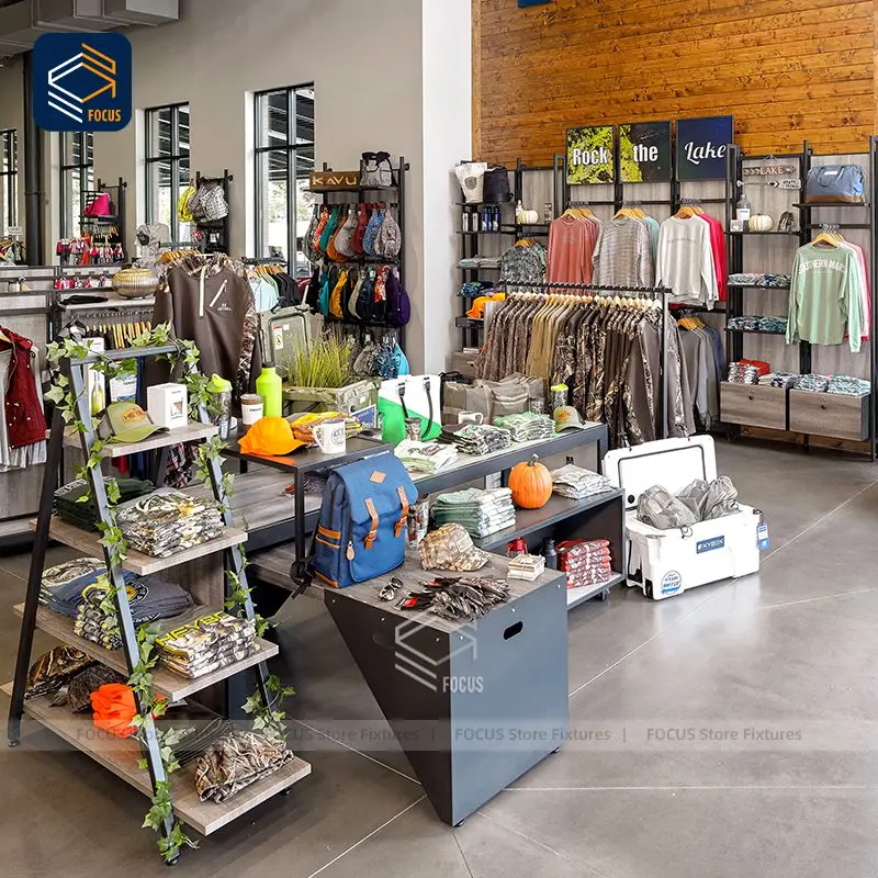 custom.Custom Indoor Retail Display Fixtures Rustic Clothing Racks Wood Metal Merchandising Shelves Modern Apparel Store Furnitu