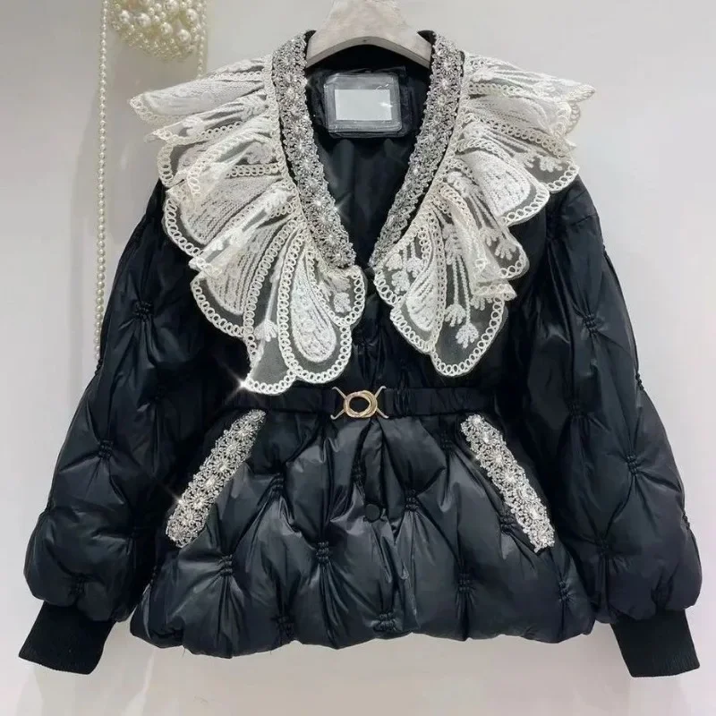 Winter Jacket Diamond Inlay Parka Women New Korean Sweet Heavy Rhinestone Lace Doll Collar Slim Warm Down Cotton-padded Jacket