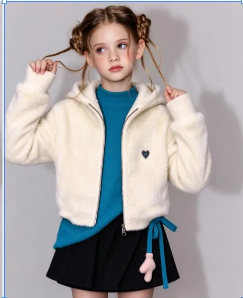 Winter New Solid Color Fashionable Girls Clothing Plush Hooded Cute  Coat  kids jackets for girls