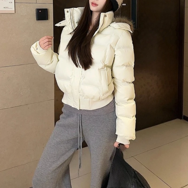 

Women's Faux Fur Hooded Long Sleeve Cotton Padded Jacket Lady Casual Solid Slim Warm Short Quilted Outerwear Parkas Winter 2025