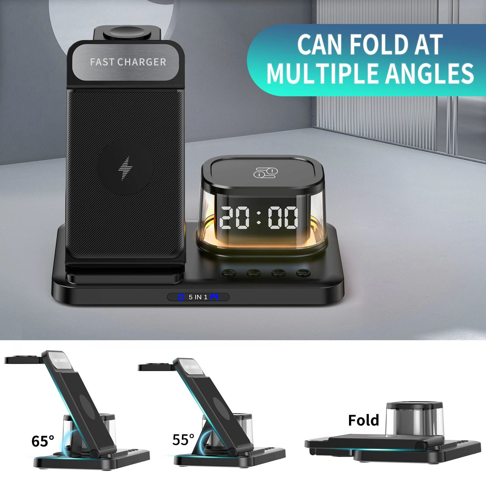 5 in 1 Wireless Charger with Clock Night Light, Foldable Charging Station for iPhone Apple Watch AirPods, 15W Fast Charge