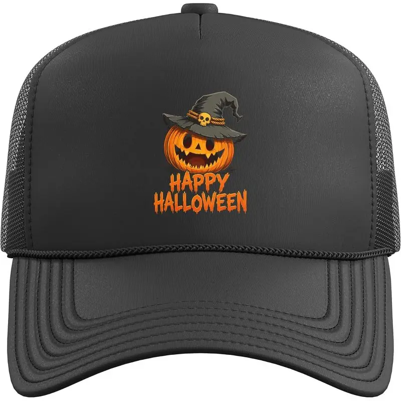 Happy Halloween Pumpkin Wizard Witch Hat Funny Halloween Trucker Hat with Adjustable Mesh Back