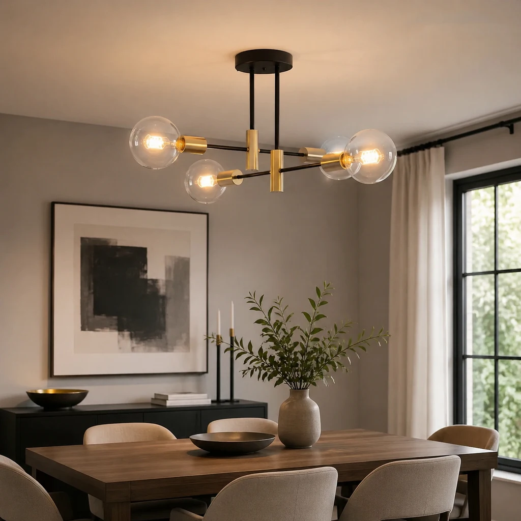 4-Light metal Modern Linear Sputnik Chandelier, 15.75 Inch Gold and Black Ceiling Light for Living Room, Bedroom, Dining Room(not included bulbs)
