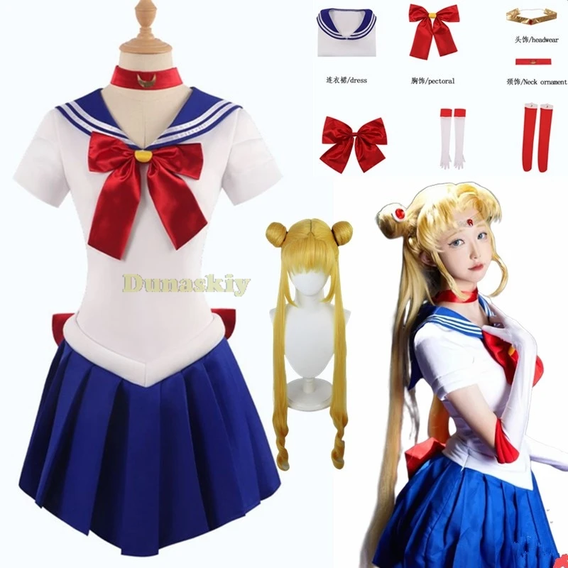 Anime marynarka przebranie na karnawał strój Tsukino Usagi strój strój peruka opaska księżyc Cosplay dla dziewcząt karnawał zestaw imprezowy