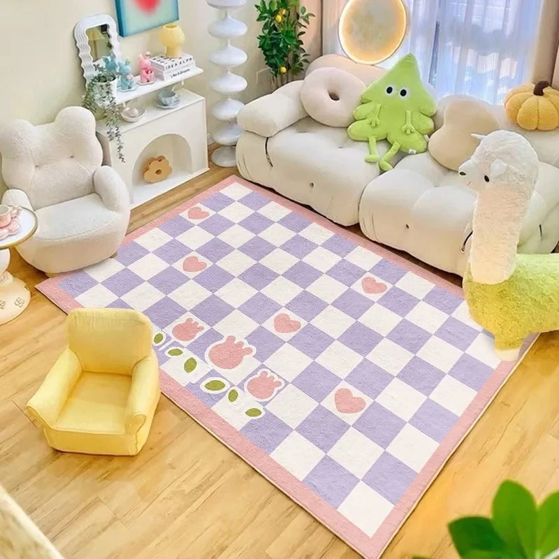 VIKAMA Yellow Purple Checkered Area Rug Wavy Cream Border Soft Fluffy Non Slip Ins Style Living Room Bedroom Floor Mat