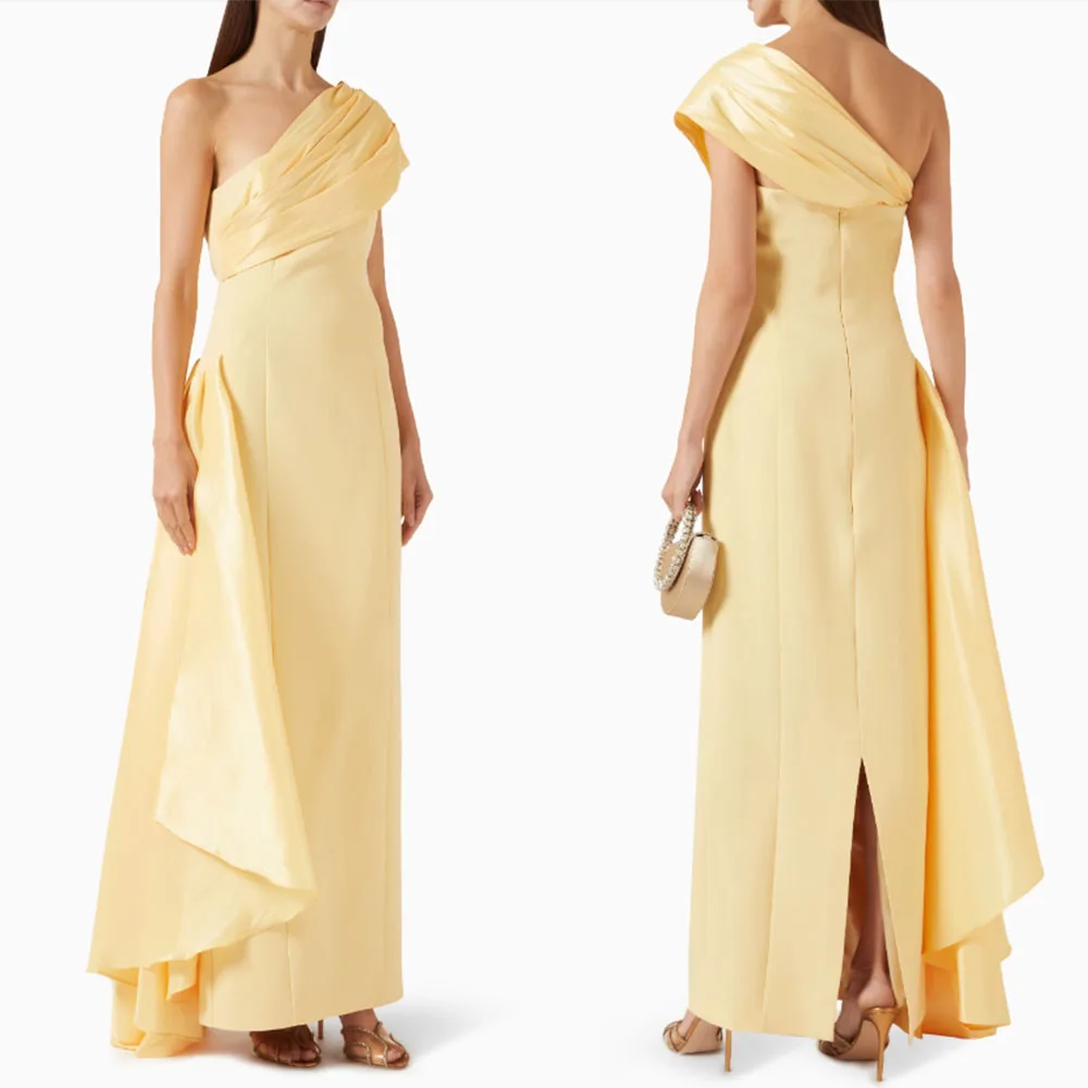 

High Quality Customized Ankle Length One Shoulder Yellow Pleat Toutes Les Robes Longues Élégantes Soiree Платье На Выпускной