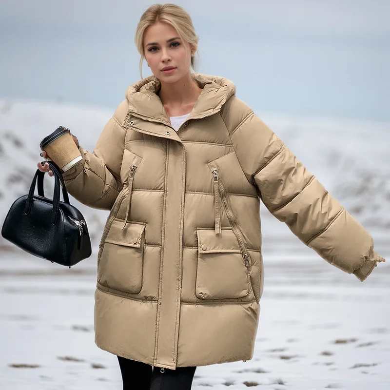 Winterparka voor dames met patchwork, pure kleur, meerdere zakken, gewatteerde jas met ritssluiting voor dames, veelzijdige damesjas met capuchon