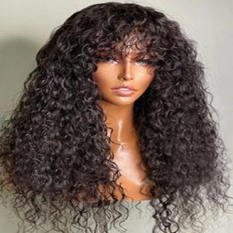 Glueless Long Black Kinky Curly Machine Wig 26 Inch With Bangs For Black Women Heat Resistant Baby Hair Preplucked Daily WIgs