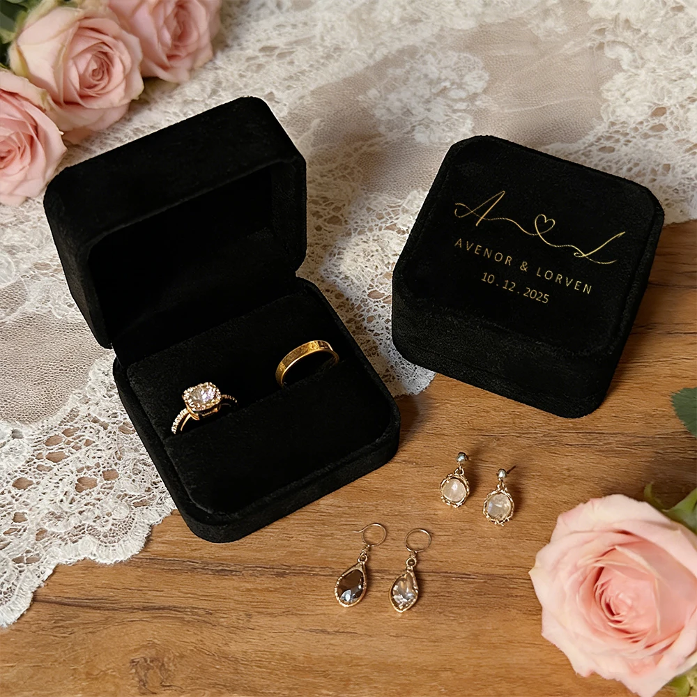 Personalized Velvet Couple Double Ring Box,Custom Name Jewelry Box,Suitable for Engagement,wedding,Valentine'S Day,Anniversaries