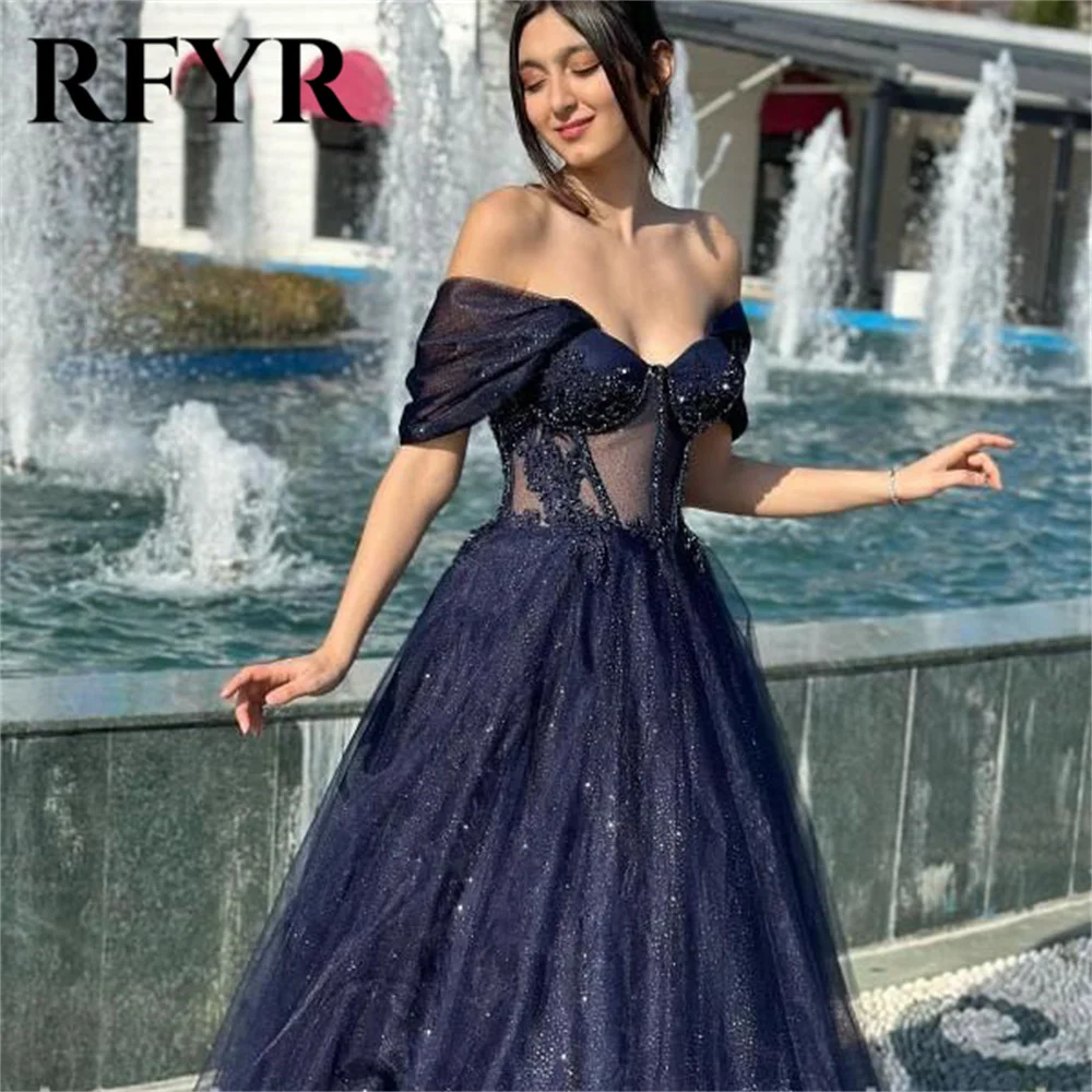 RFYR Black A Line Party Dresses Off the Shoulder Glitter Formal Dresses Appliques Lace Formal Gown Long Evening Dress Customized