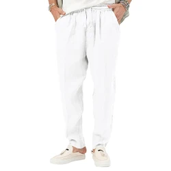 2023 Summer New Thin Foreign Trade Cross border Men's Fashion Large Solid casual drawstring Cotton Hemp Pants