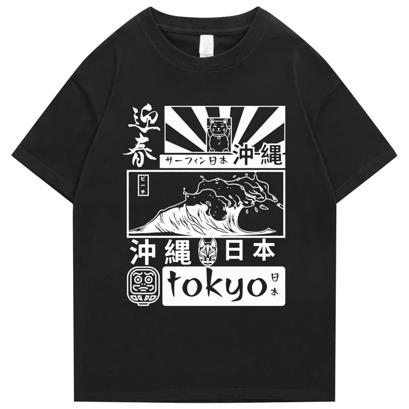 100% Cotton Japanese Retro Tokyo Wave Hip Hop Tshirt Women Street Fashion Painting T-shirt Short sleeved Summer Harajuku T-shirt