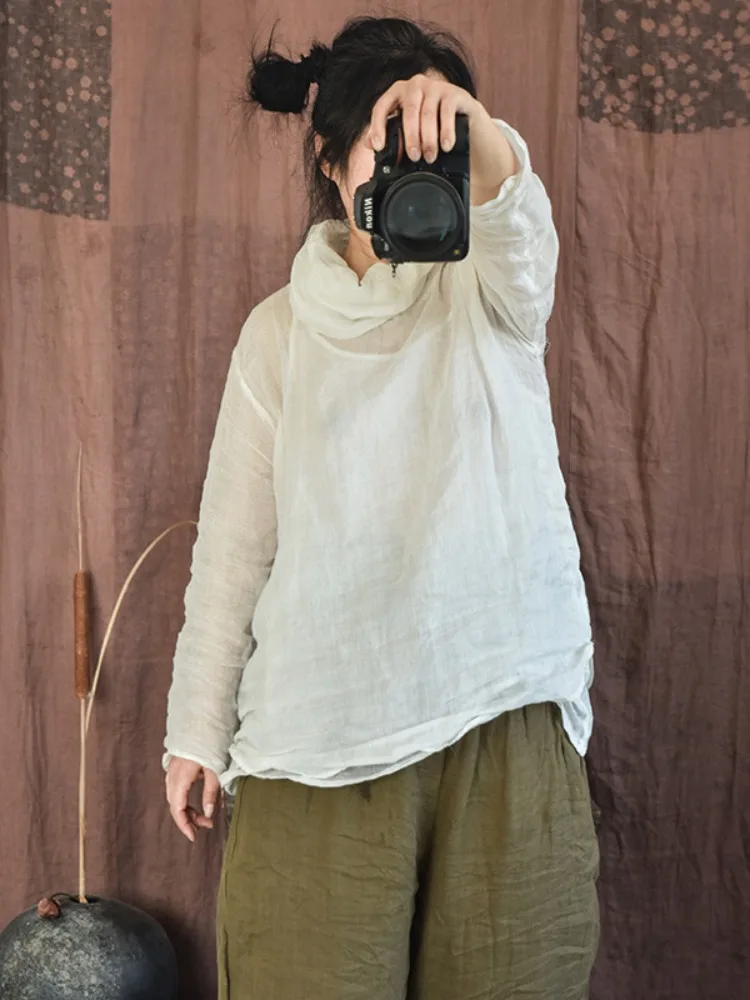 قميص فني بلون نقي من الكتان للنساء، فضفاض ومقاوم للشيخوخة، طبقة أساسية بأكمام طويلة وياقة دائرية، أسلوب عملي، موضة الخريف #4