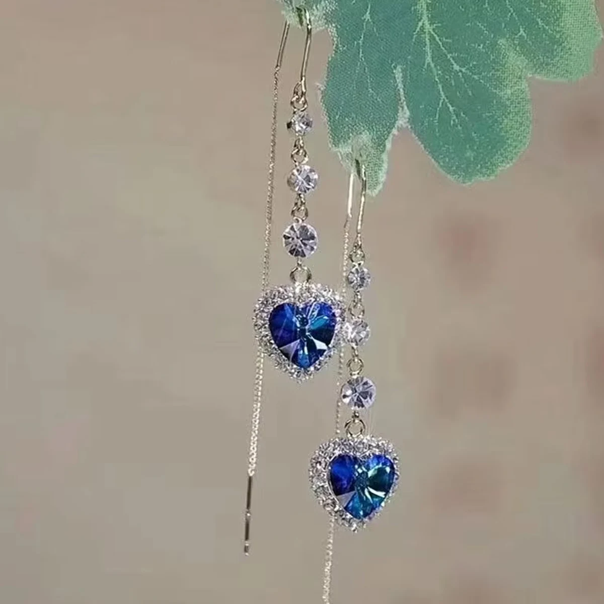 1 Pair Blue Color Heart Shaped  Earrings For Women Light Luxury Long Tassel Ear Wire Dangle Earring Ladies Wedding Party Jewelry image 2