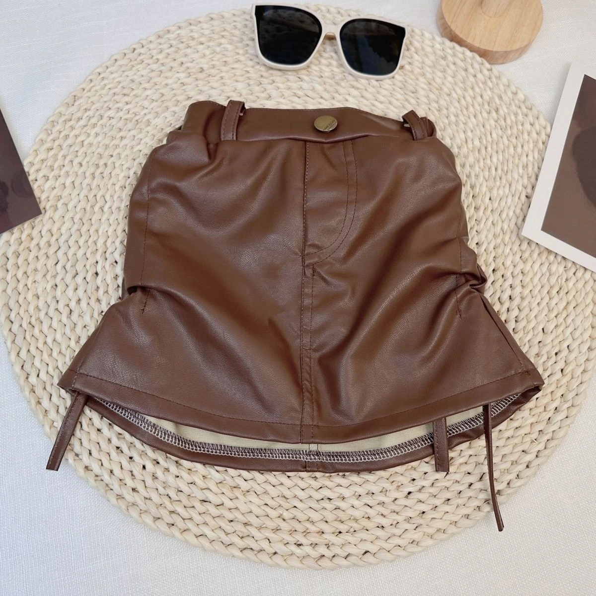 Kids Girls PU Leather Pencil Skirt Drawstring Pleated Leather Package Hip Skirts 2025 New Teenage Girls Dance Skirt Korean Style