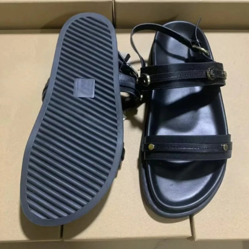 Classic Retro Black Women Flat Shoes 2026 Summer Thick Sole Metal Buckle Trendy Brand Soft Female Vacation Roman Sandals