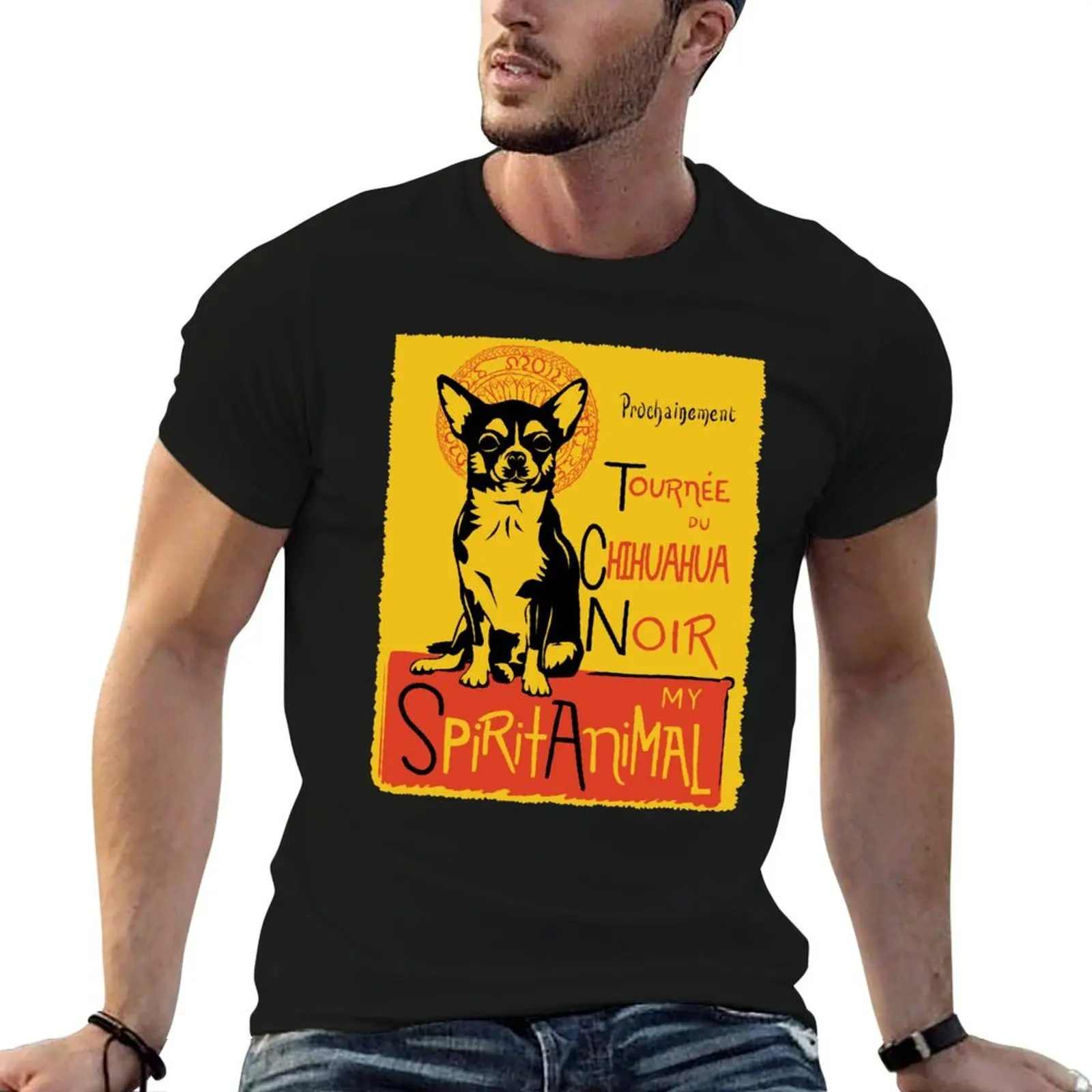 Camiseta engraçada com design artístico de Chihuahua, camiseta masculina com estampa de cachorro fofo, camiseta masculina com estampa Chat Noir Mashup.