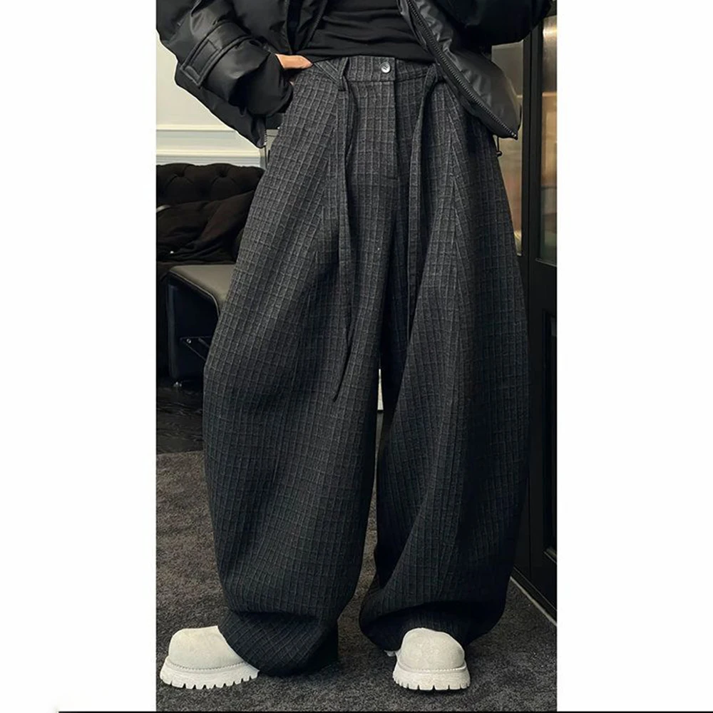 

2025 зимние новые мужские клетчатые брюки с прямыми штанинами в американском стиле ретро, модные тенденции, свободные повседневные нишевые мужские брюки High Street