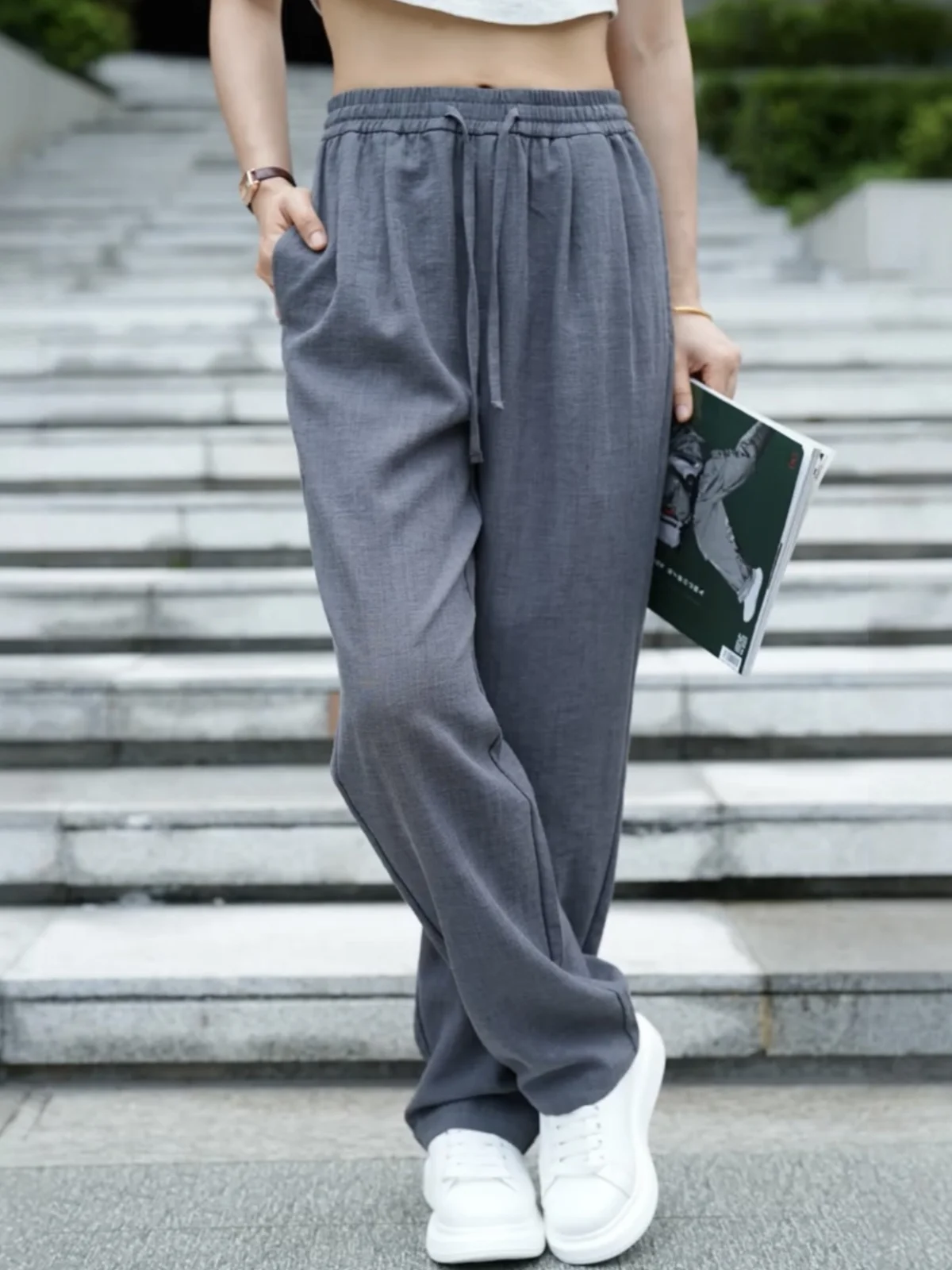 Men's Summer Thin Ice Silk Drape Straight Leg Casual Pants Breathable Loose Fit Comfortable Pure Color Long Trousers