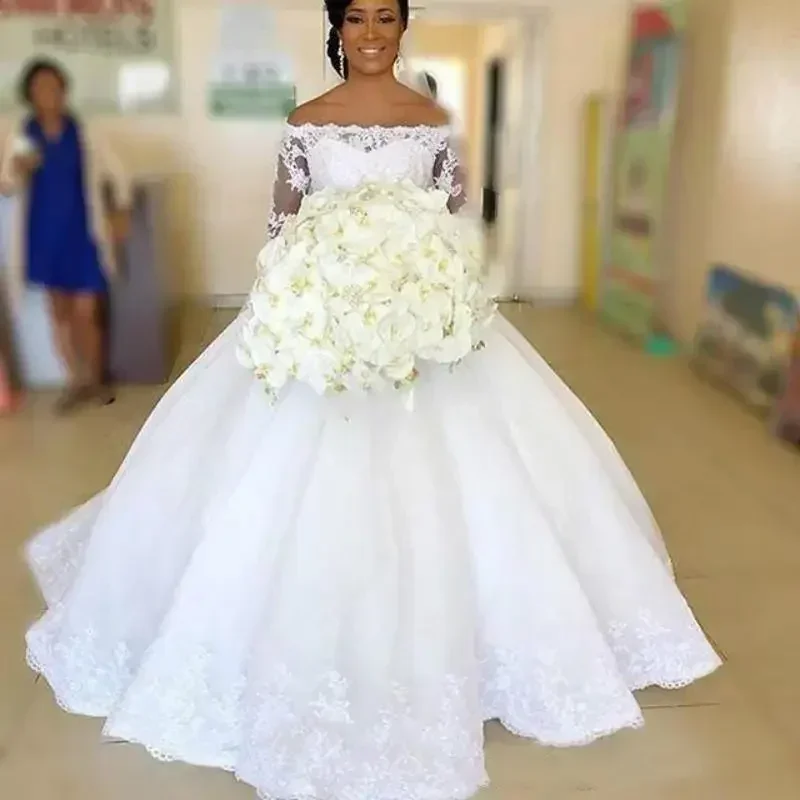 Customized African Ball Gown Off The Shoulder Long Sleeves Cheap Wedding Reception Dress Bridal