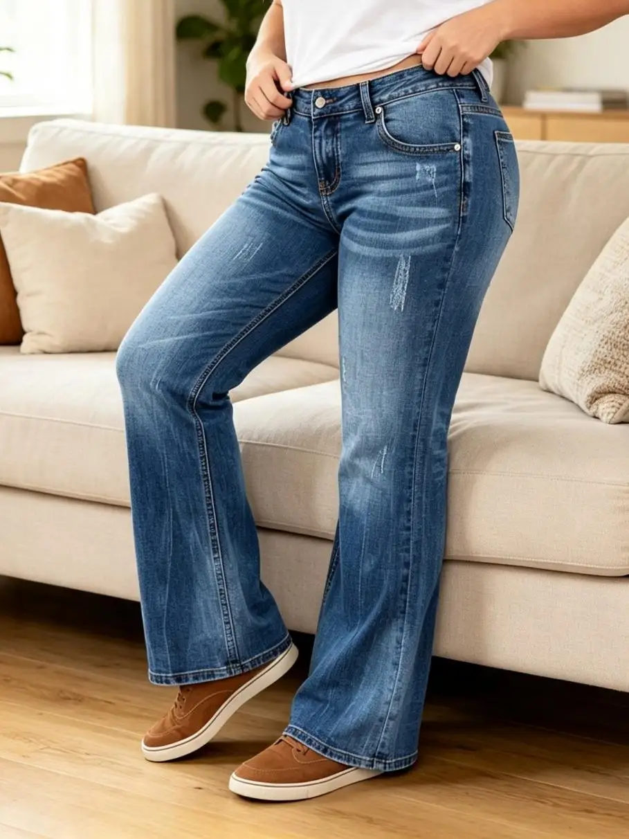 【HME】Jeans | Stretchy Medium Wash Denim Pants For Ladies, Figure-Flattering Bootcut Flare Denim Jeans With Subtle Distressed Details, All-Day Comfort Fabric, Versatile Casual Pants For Shopping, Work And Leisure Occasions