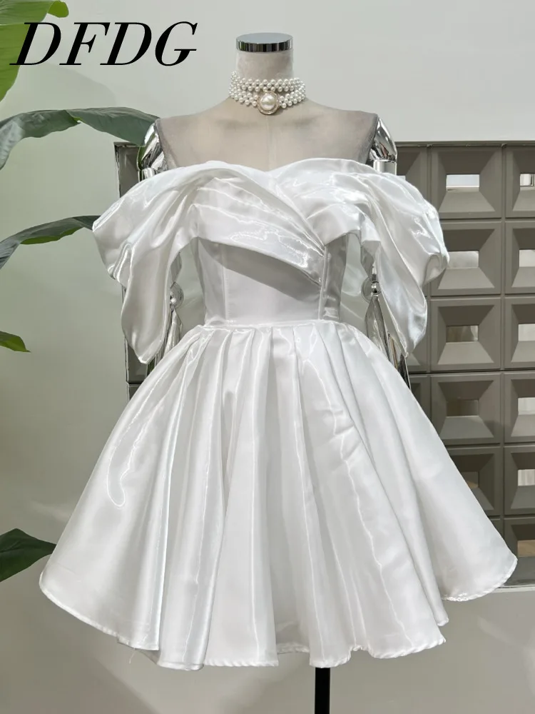 

DFDG 2025 Spring Summer Women’s French Dress Tie Corset Puff Sleeve Gown Elegant Banquet Designer Formal Party Wear Dress