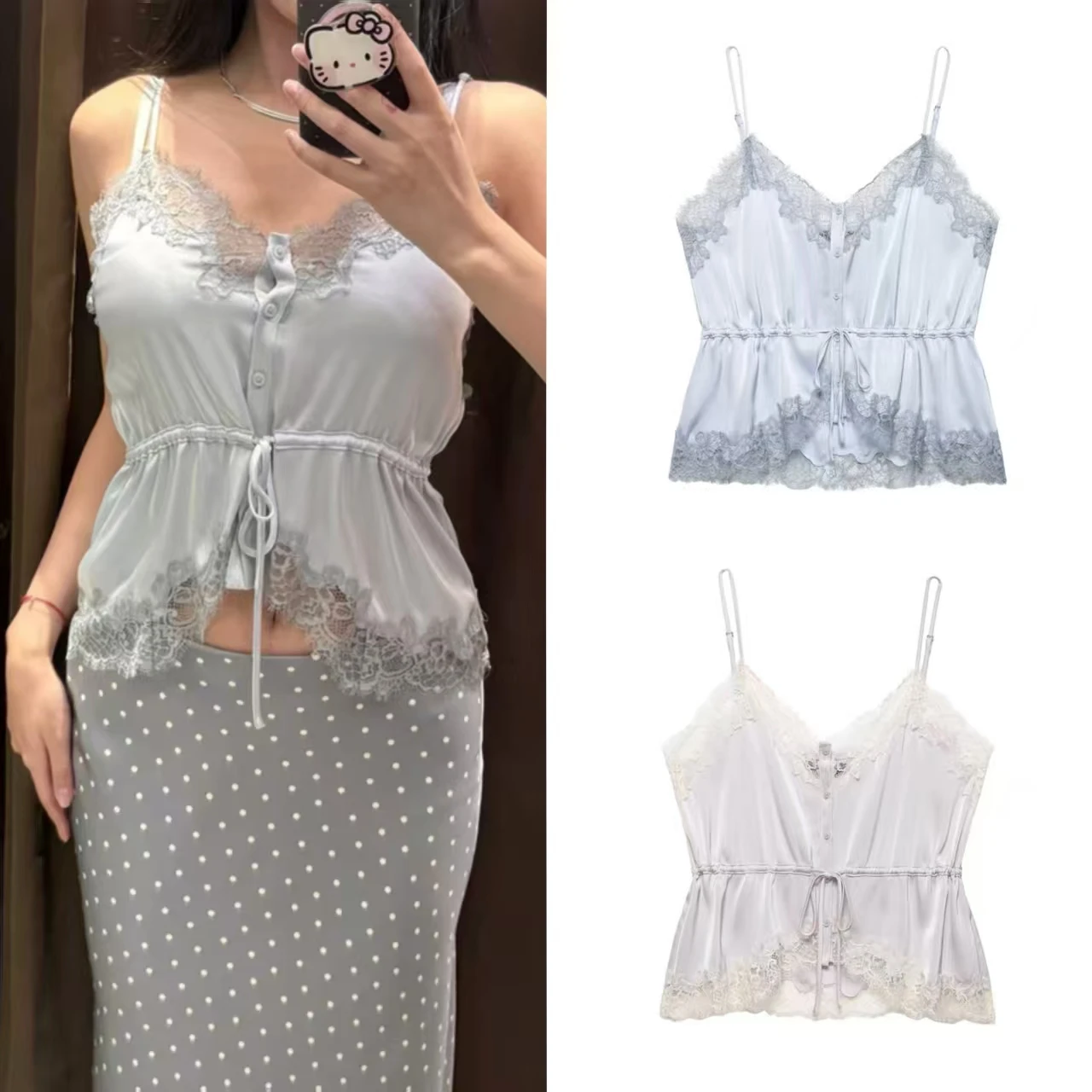 Women's Top 2026 Summer New Style Solid Color Camisole with Lace Trim Satin Texture Sexy Top Elegant and Graceful Hot Sale