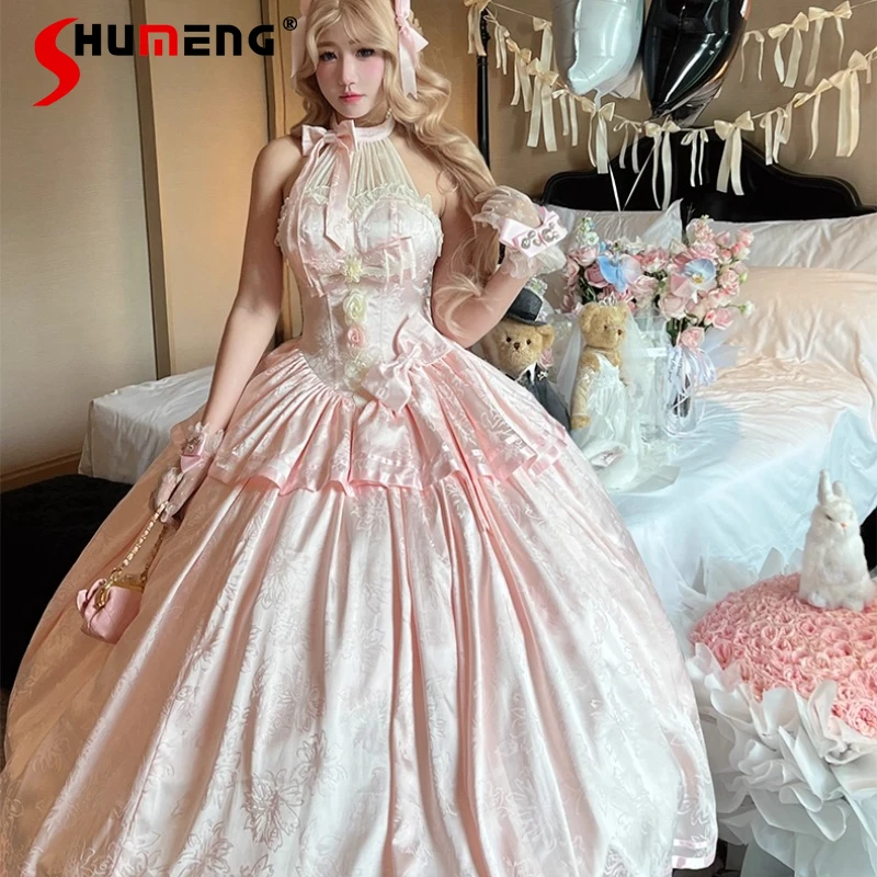 

Sweet Wedding Pink Maxi Dress French Elegant Sweet Bow Off-Shoulder Halter Princess Evening Girls Woman's Fairy Dresses 2025