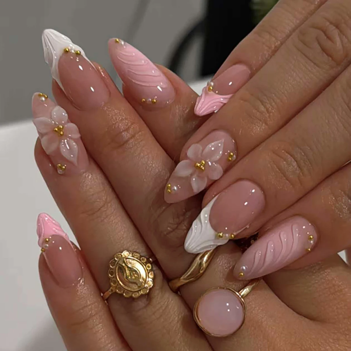 96pcs Almond Press On Nails,Nude Pink Fake Nails Plumeria Polka Dot French Wave Design,4 Jelly Glue+2 Nail Files,Reusable Daily