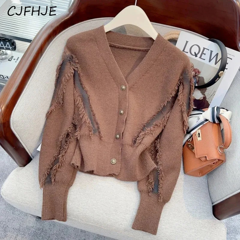 CJFHJE V-Neck Metal Button Knitted Women Commuter Fashion Tassel Bottom Cardigan Sweater Coat Casual Solid Color Women\'s Sweater