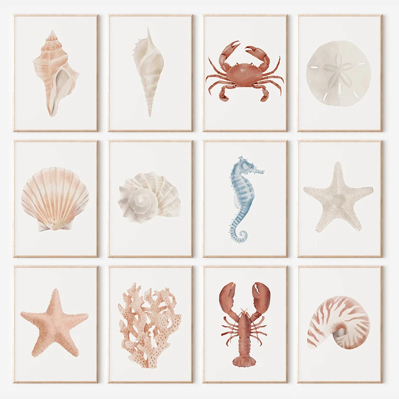 شاطئ السلطعون محارة المرجان نجم البحر قذيفة الرمال المائية المشارك قماش الطباعة الساحلية جدار صورة فنية لغرفة المعيشة ديكور المنزل