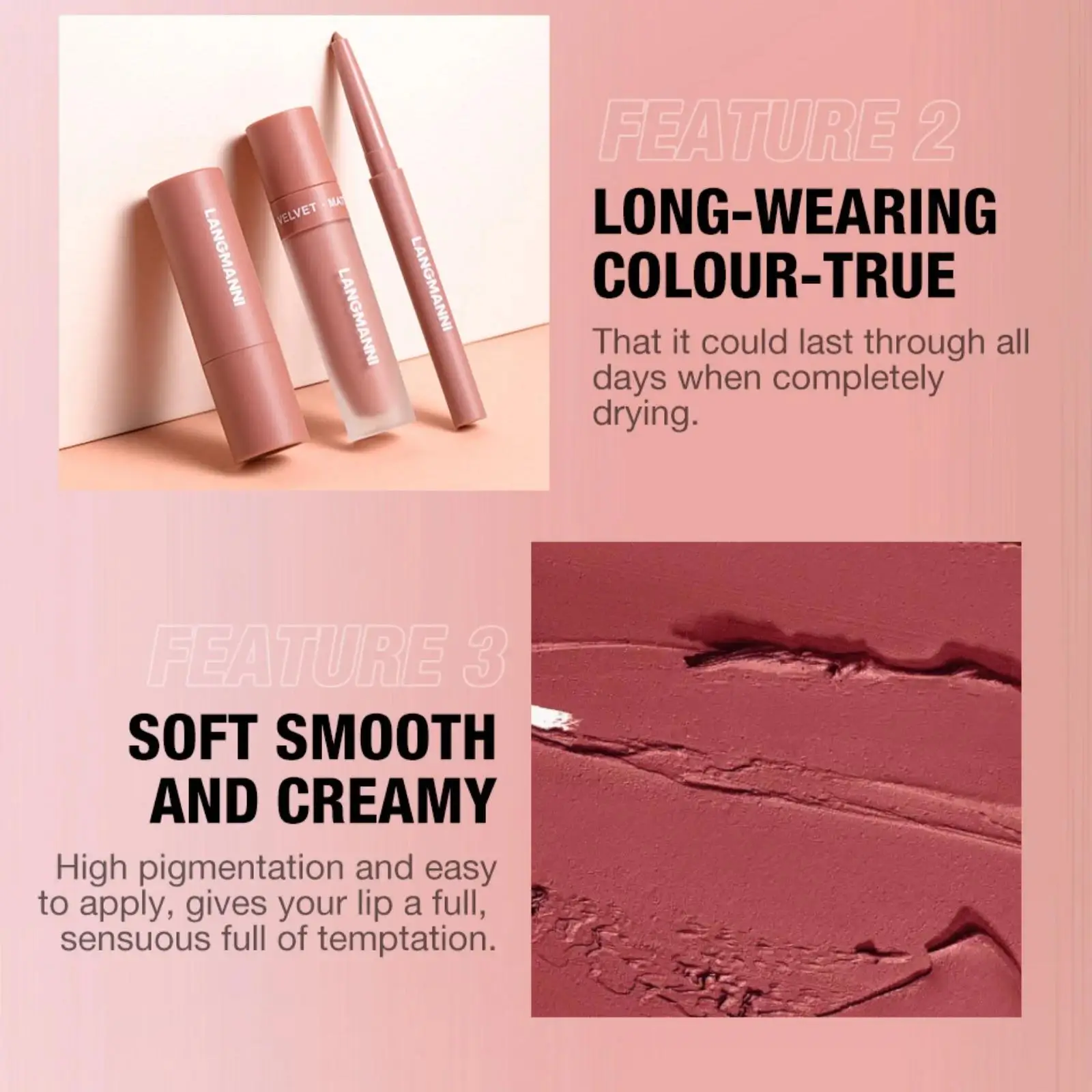 مجموعة أحمر شفاه مقاوم للماء يدوم طويلاً مكونة من 3 قطع، أحمر شفاه سائل مخملي غير لامع، مجموعة مكياج كريمي للنساء #4