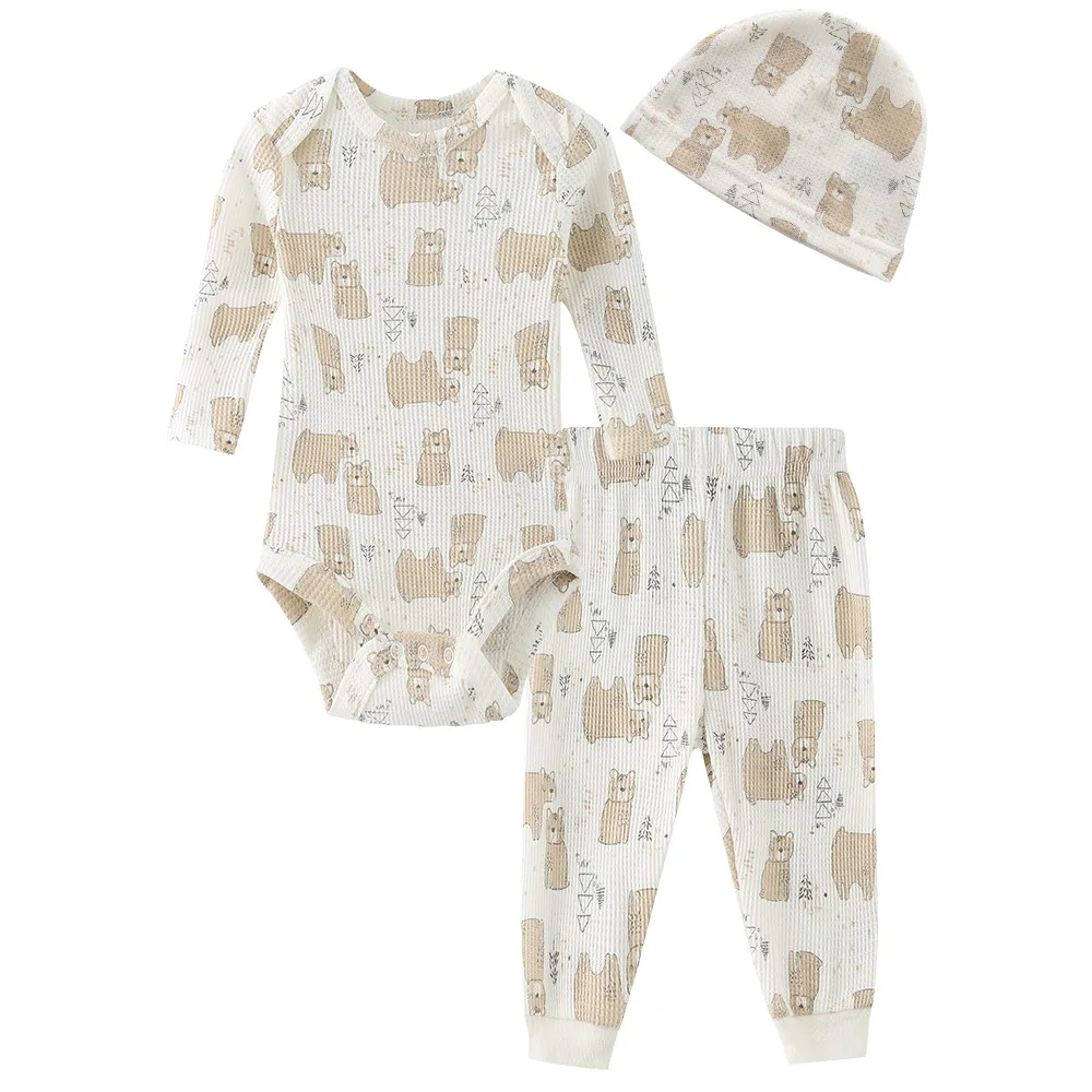 Kiddiezoom 3Pcs Newborn‑9M Waffle Knit Baby Outfit Set Long Sleeve Bodysuit Pants Hat Soft Unisex Infant Daily Clothing