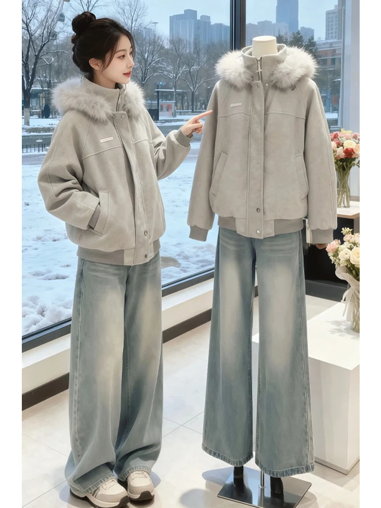 

Thiened American Sle Cotton Jaet Women's Winter Coat with Fur Collar Casual Leisure Zipper Closure Long Sve Coat