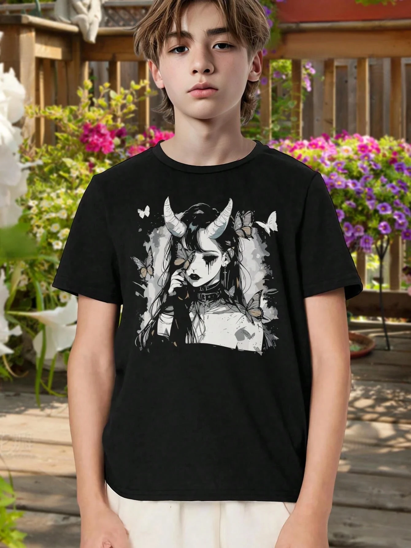 

Готическая аниме-футболка - Деввол Девушка с рогами и бабочками - Эмо Гранж Kawaii Aesthetic - Футболка с острым темным рисунком - Любители аниме-готиков