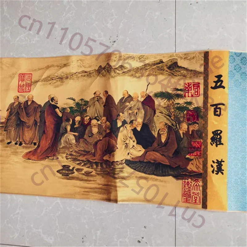 China Old long Scroll Painting,Ding Yunpeng's watercolor painting Five Hundred Arhats collectibles