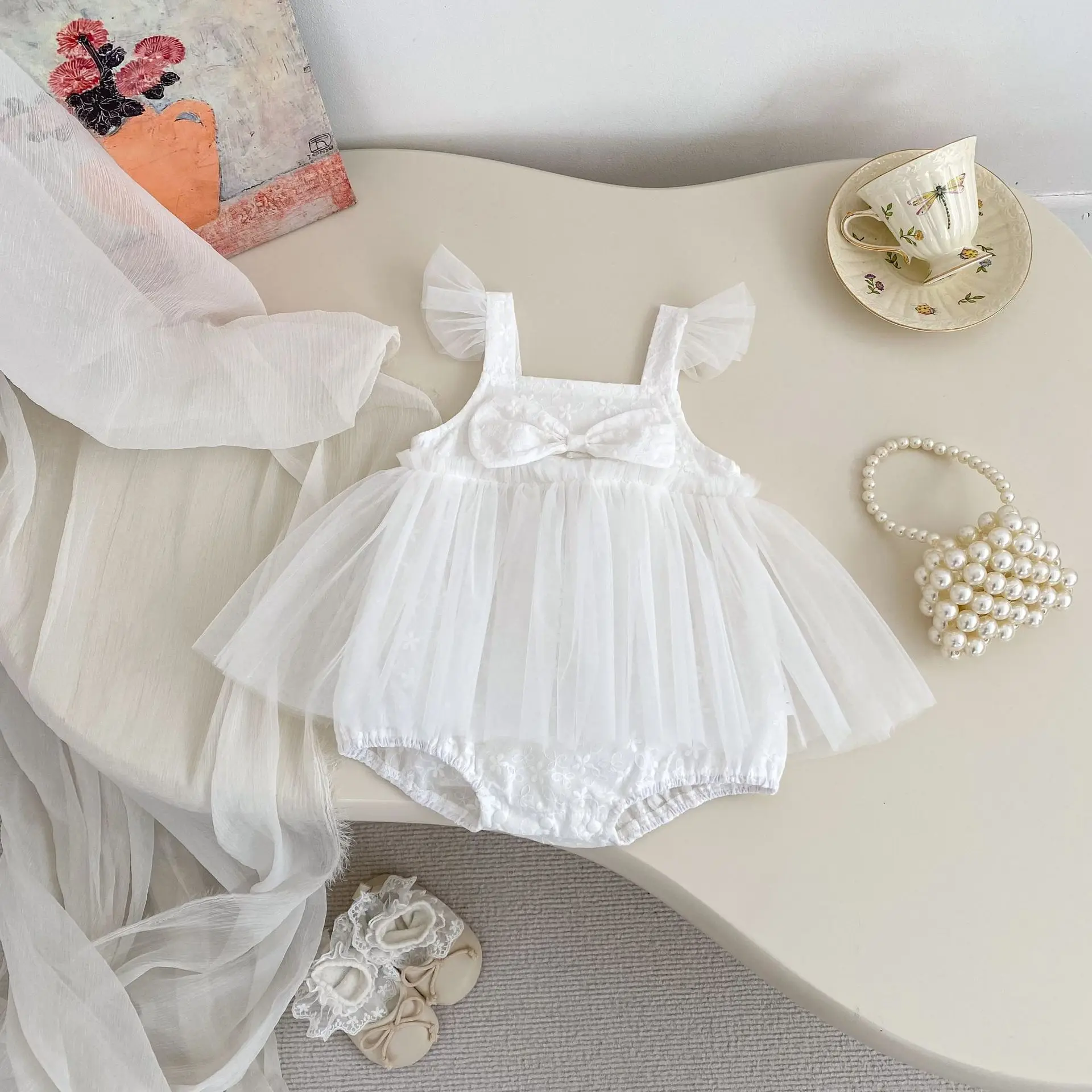 2026 Summer New Baby Girl Cute Flying Sleeve Bodysuit Solid Infant Girl Sweet Bow Mesh Princess Jumpsuit Cotton Toddler Clothes