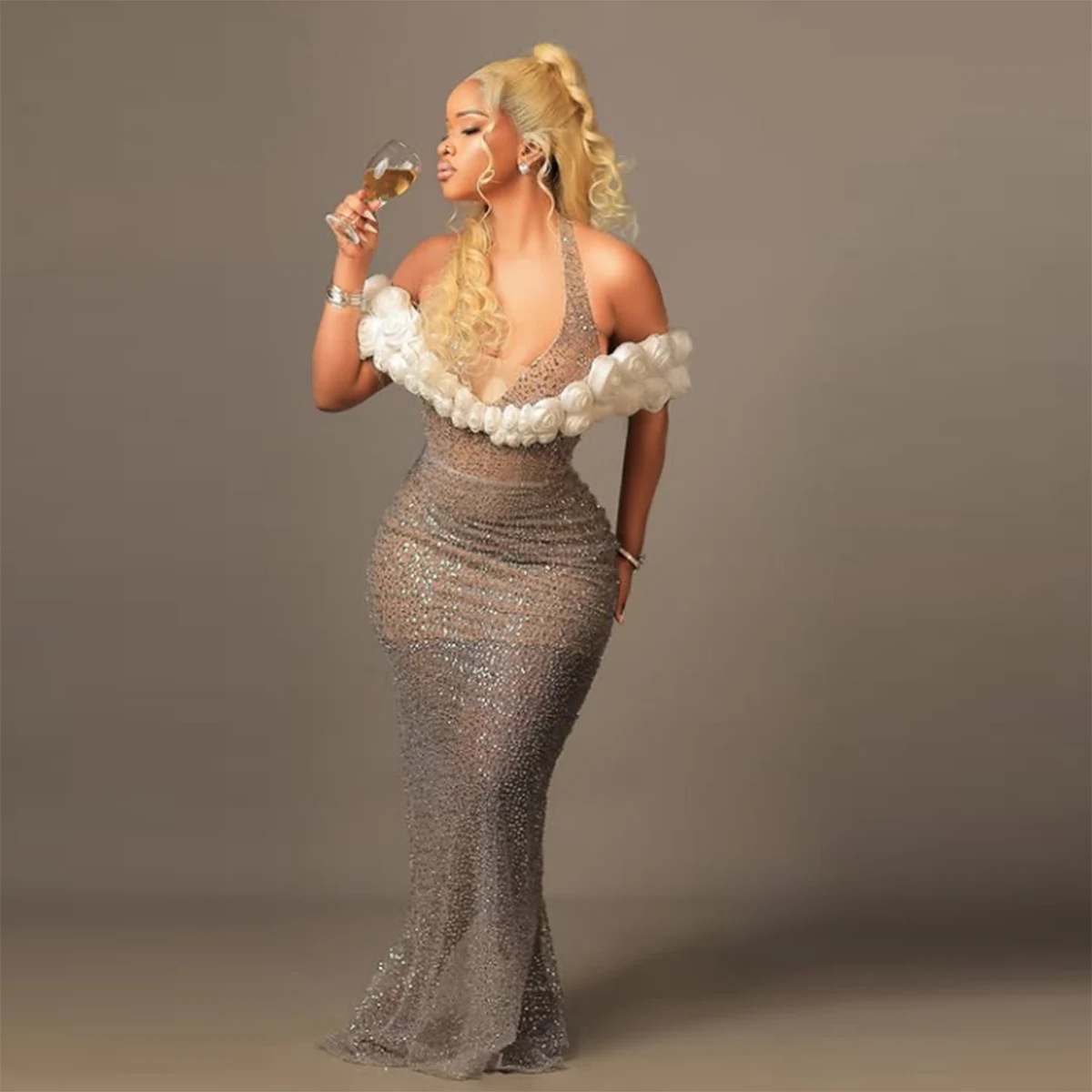 

Sparkly Sequined Mermaid Prom Dress Off The Shoulder 3d Flowers Aso Ebi Evening Gowns Floor Length Women Formal Party Dress