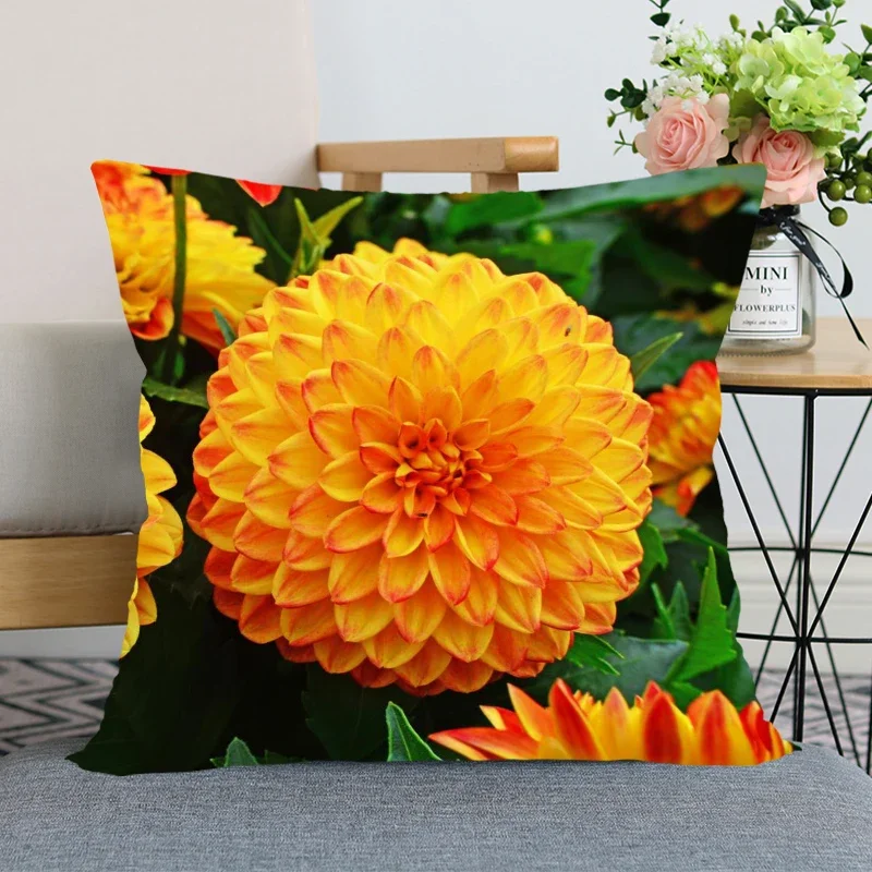 New Arrival Dahlias Flower Pillow Cover Bedroom Home Office Decorative Pillowcase Square Zipper Pillow cases Satin Soft No Fade