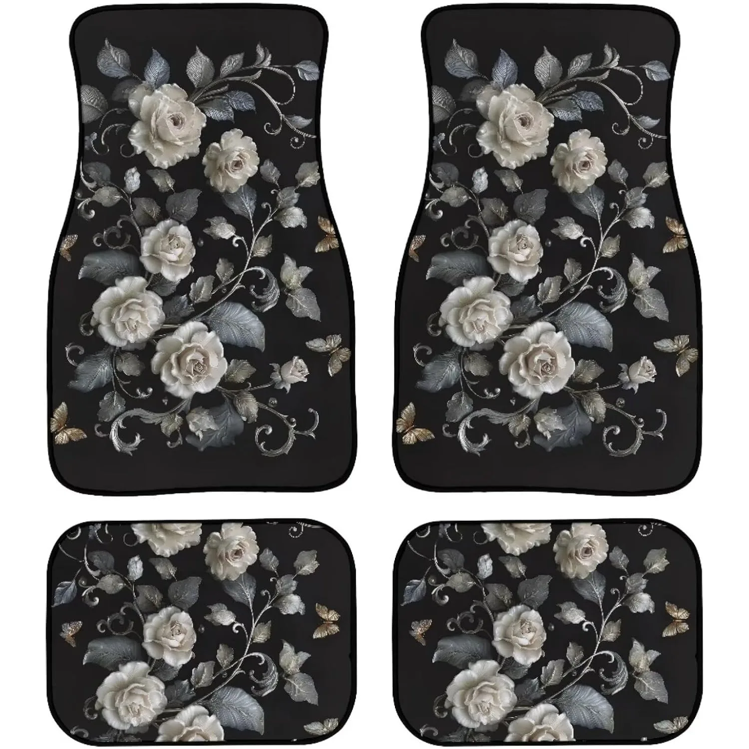 Luxury 3 Floral Embroidery Car Floor Mats Compatible For Cars, Trucks, & SUVs - Fit Black Background With White Rose, -Position