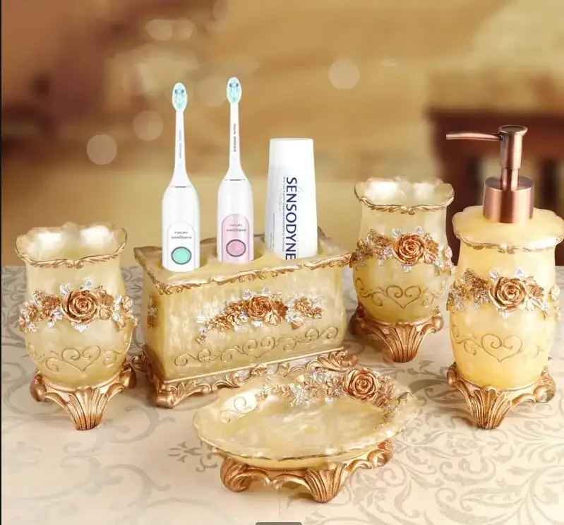 

Bathroom Five Piece Set Resin Supplies Electric Toothbrush Holder Mouthwash Cup Soap Dish Lotion Bottle