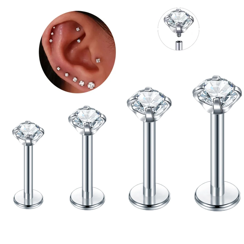 Steel Ear Tragus Stud para Mulheres, Rosca Interna, Labret Cristal, Anel Labial, Brinco De Cartilagem De Hélice, Piercing Corporal, 10Pcs por Lote