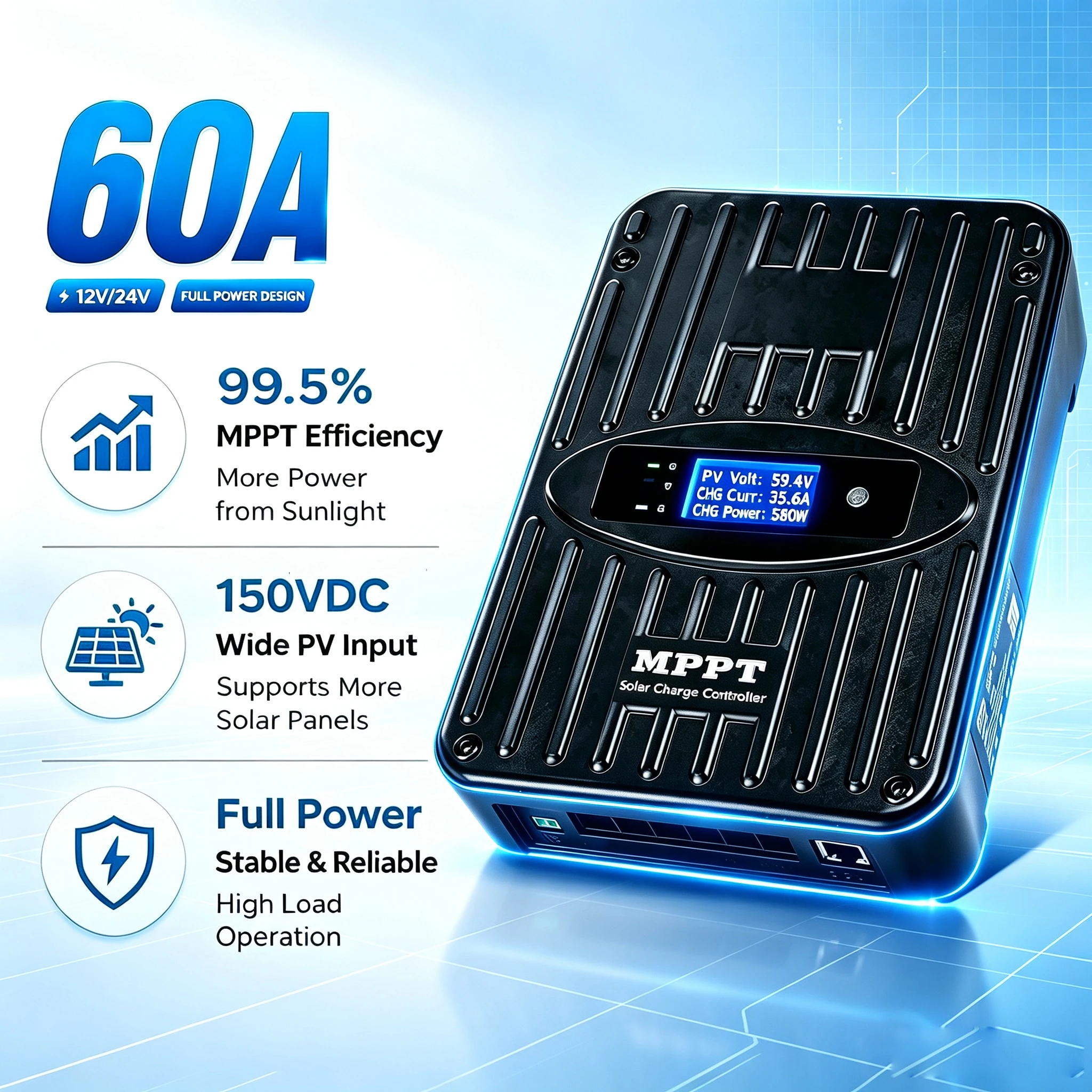 IPANDEE 60A MPPT Solar Charge Controller 12V/24V Auto,150V Max PV Input, 99.5% Efficiency RS485 Modbus Support IP42 Charge Controller for RV Marine Home Off-Grid