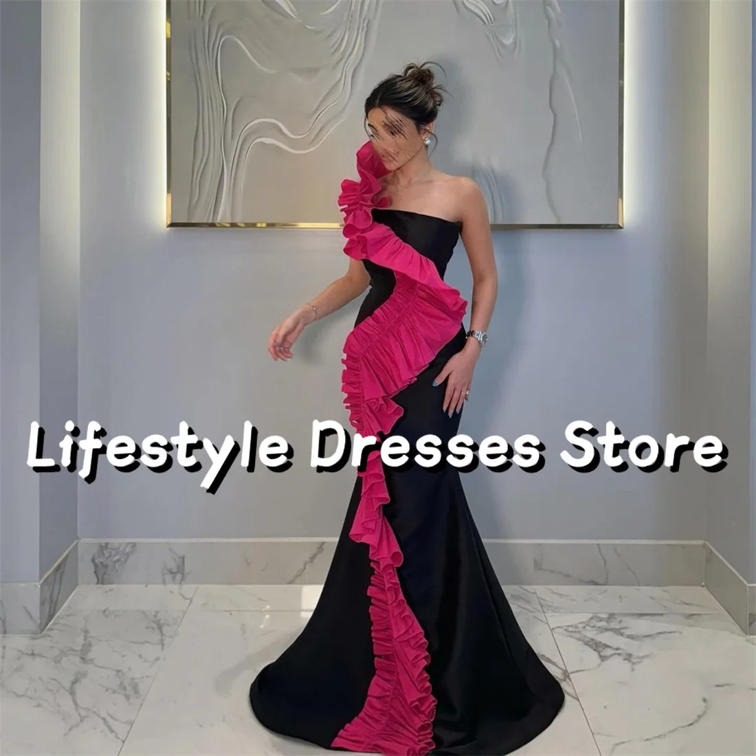 

One-Shoulder Black Satin Mermaid Evening Dresses With Fuchsia Ruffles Backless Formal Party Gown Customize vestidos de gala