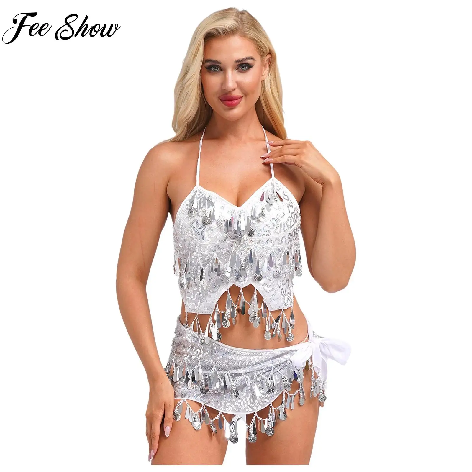 

Belly Dance Performance Outfits Womens Carnival Performance Halloween Cosplay Dancewear Sequins Irregular Camisole Crop Top Suit
