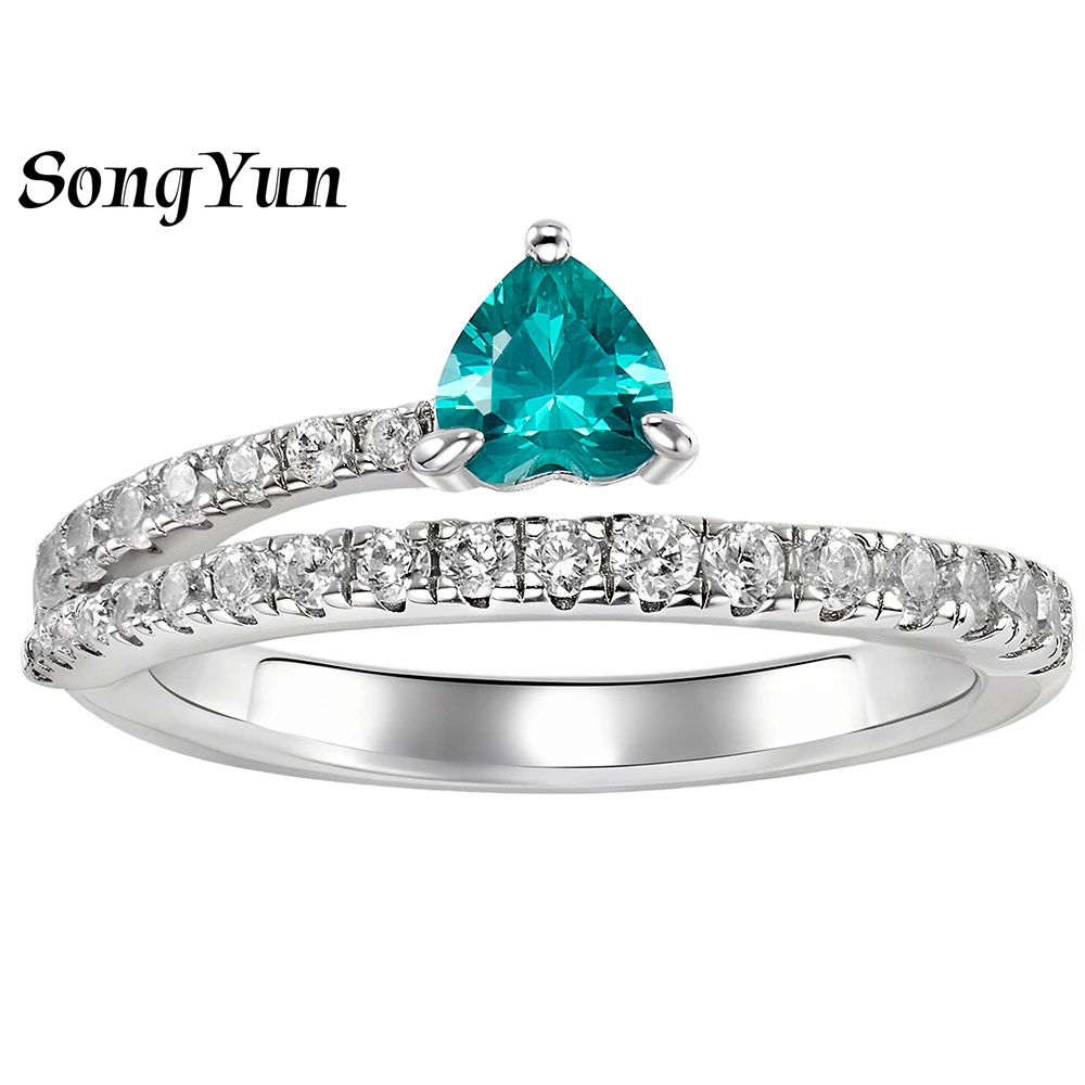 SONGYUN High Carbon Gemstones Jewelry S925 Sterling Silver Heart‑Shaped Paraiba Simulated Diamond Open Ring, Adjustable Love