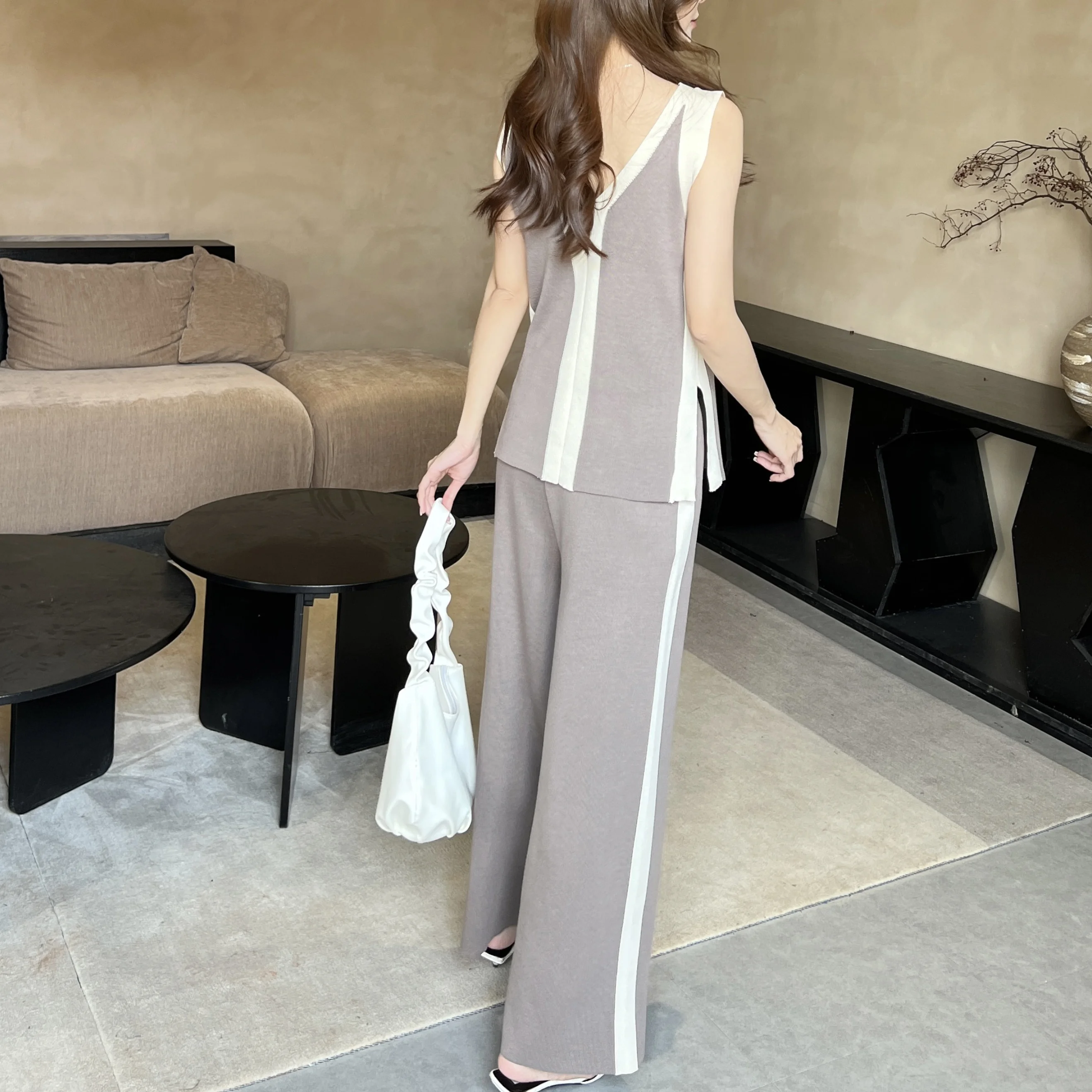 Summer New V-neck Sleeveless Split Knitted Tank Top And Wide Leg Long Pants Korean Two Piece Set Elegant Casual OL Women\'s Set